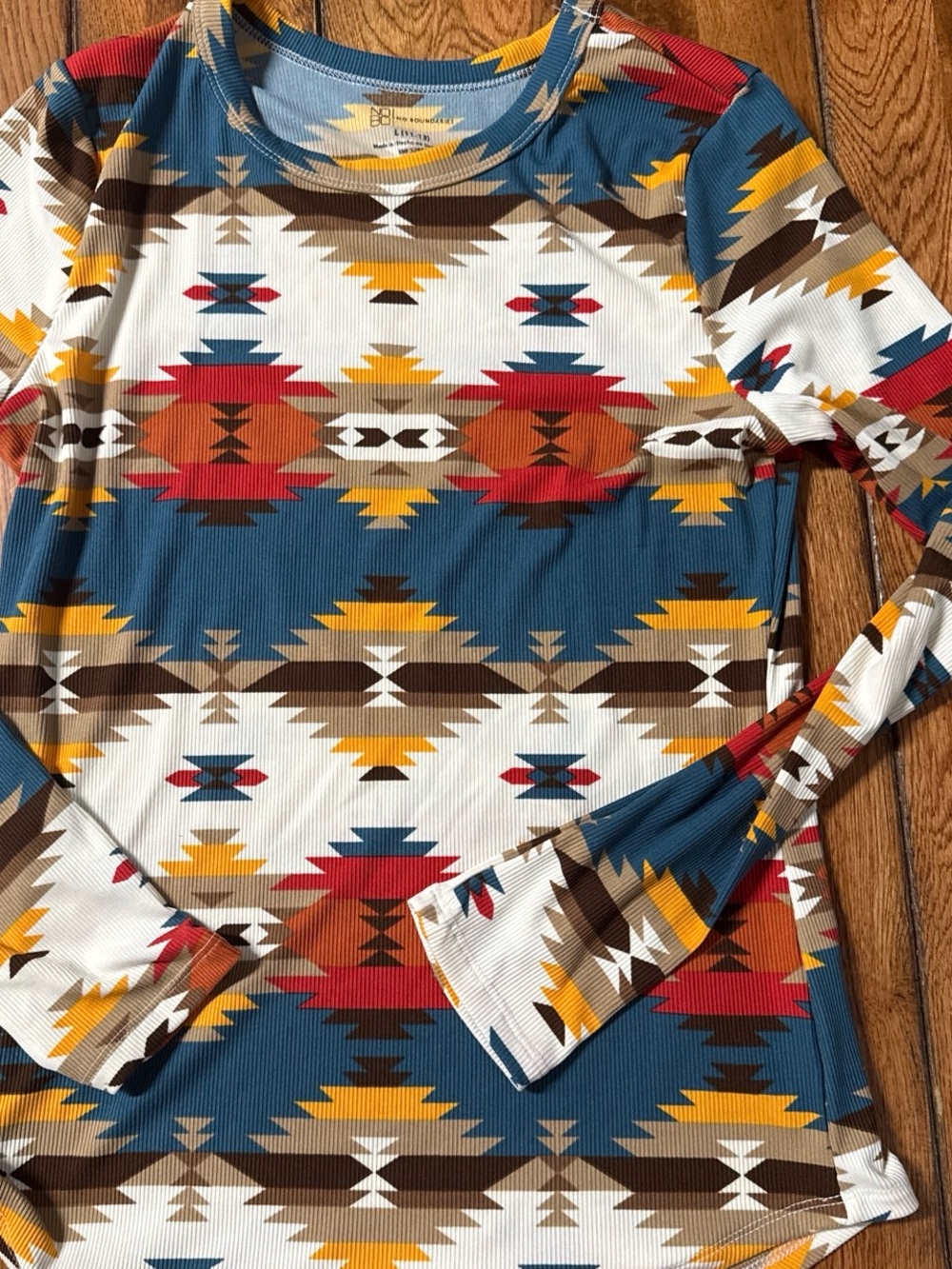 Women’s Long Sleeve Aztec Print Top - Blue/Mustard/Red